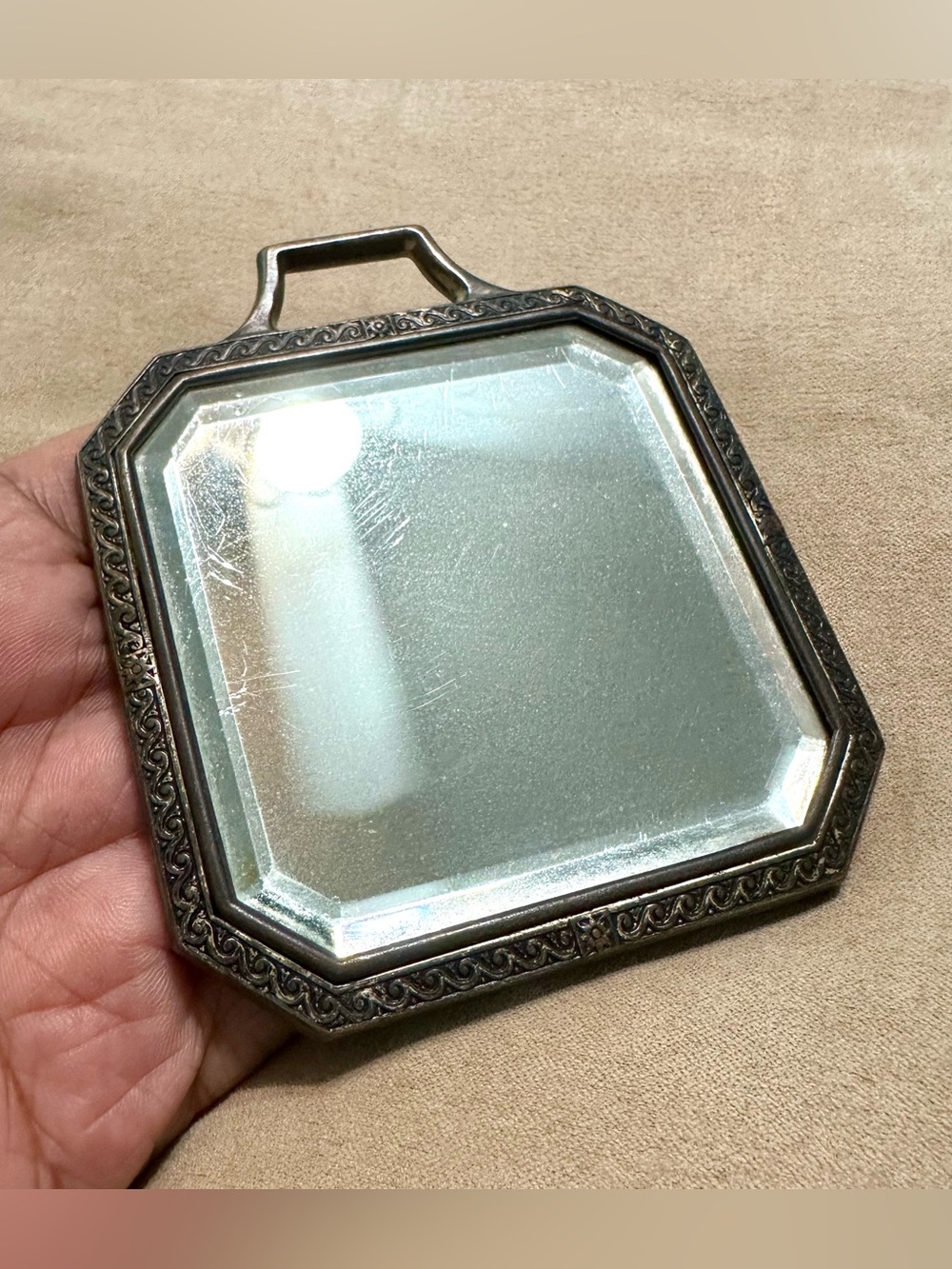 Vintage MCM 3" Ornate Brass Beveled Miniature Hand Mirror Vanity